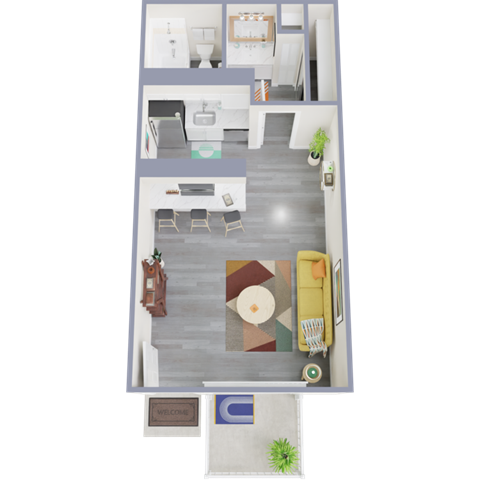 a view of the living room from the top of the stairs